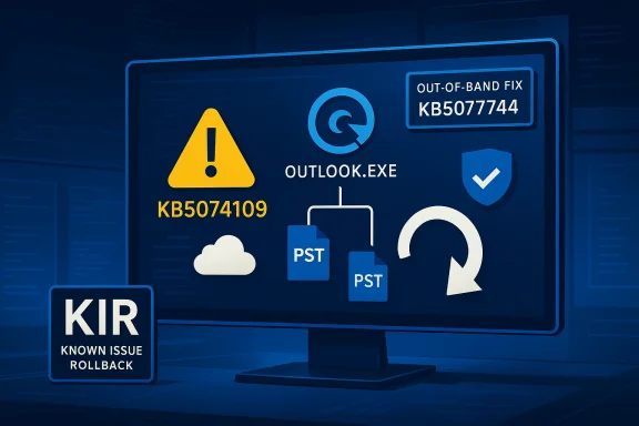 Outlook.exe issue screen with warning, KB5074109, out-of-band fix KB5077744, and KIR. Outlook.exe issue screen with warning, KB5074109, out-of-band fix KB5077744, and KIR.