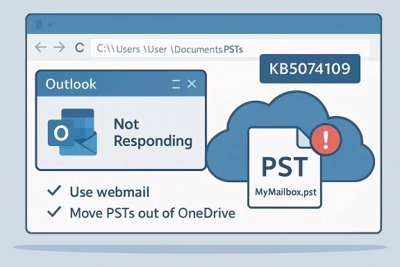 Outlook Not Responding alert with a PST file in the cloud and tips to move PSTs.
