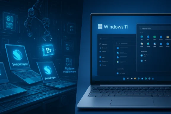 Windows 11 UI on a laptop beside Snapdragon-branded devices in a futuristic blue lab.