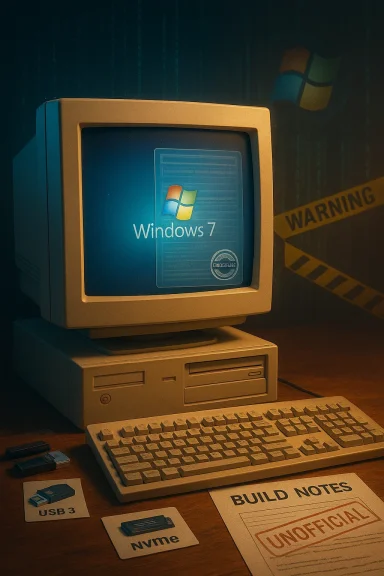 Old desktop computer running Windows 7, on a desk with build notes and warning tape in the background.