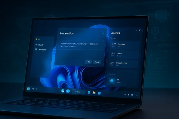A sleek laptop screen shows a Windows desktop with a Modern Run dialog and an Agenda panel.
