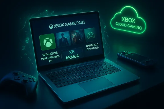 Laptop screen shows Xbox Game Pass tiles with cloud gaming glow and nearby controllers.