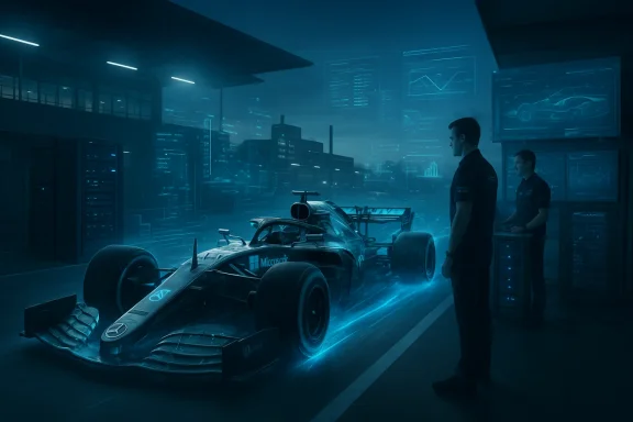 A futuristic pit garage with a Mercedes Formula 1 car and engineers studying holographic data displays.