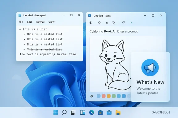 Windows desktop showing a Notepad list, a Paint drawing of a fox, and a What's New card.