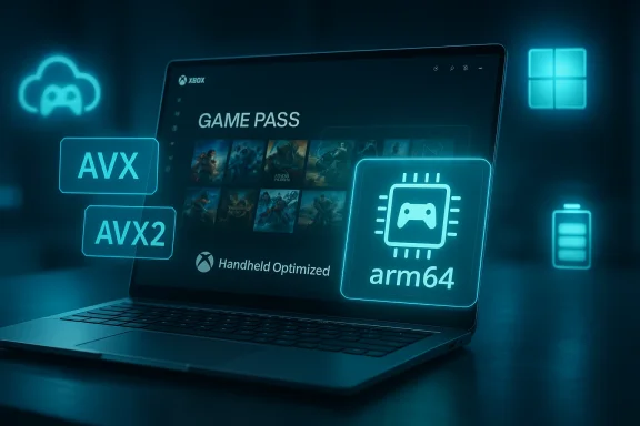 A laptop displays Xbox Game Pass with neon icons for AVX, AVX2, and arm64.