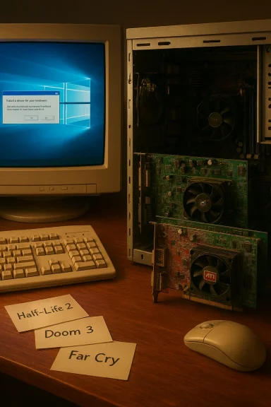 Vintage PC with CRT monitor, open case showing cards, and notes reading Half-Life 2, Doom 3, Far Cry.