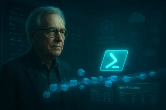 An elderly man in a suit studies data in a server room with glowing holographic interfaces.