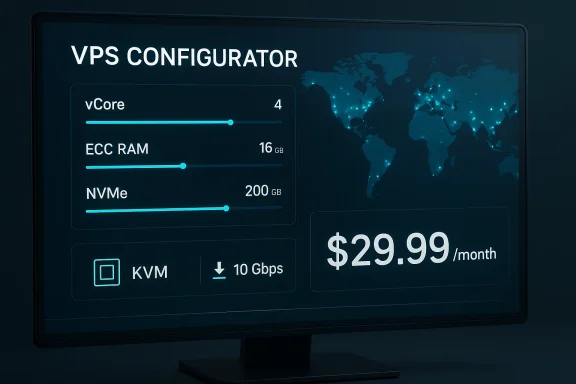 Dark blue VPS configurator UI displaying vCore, ECC RAM, NVMe and a $29.99/month price.