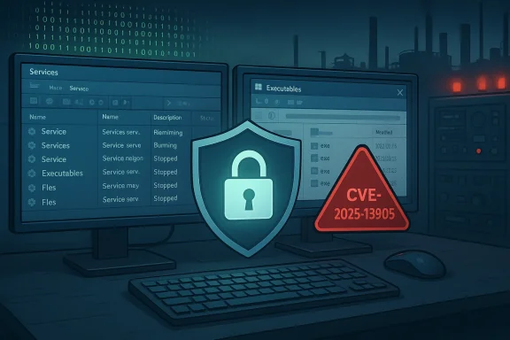 Cybersecurity workstation with a shielded lock over monitors showing services and executables, and a CVE warning.