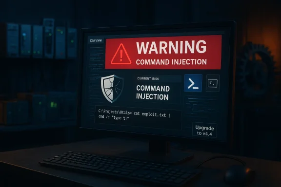 A monitor displays a bold red 'WARNING: COMMAND INJECTION' alert in a dark server room.