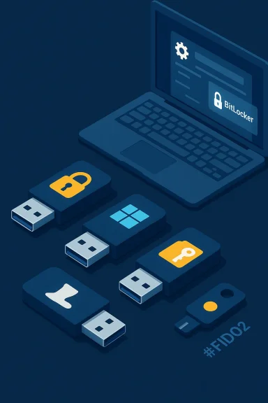 Blue isometric scene of a laptop with BitLocker UI and several USB drives showing security icons. Blue isometric scene of a laptop with BitLocker UI and several USB drives showing security icons.