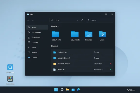 Dark File Explorer window on a blue desktop, displaying folders and a Recent list.
