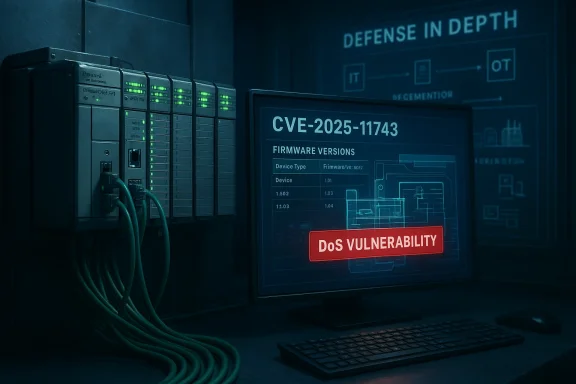 Dim high-tech server room with a monitor displaying CVE-2025-11743 and a DoS vulnerability alert.