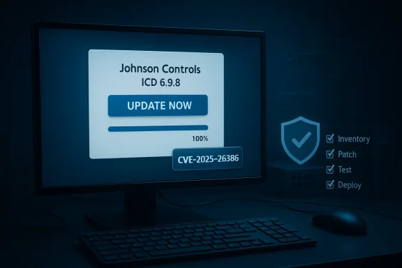 Monitor shows Johnson Controls ICD 6.9.8 update prompt with CVE-2025-26386.