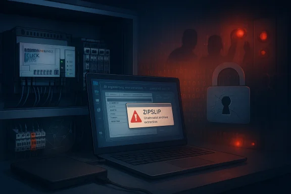 A laptop displays a ZIPSLIP warning in a dark server room with a padlock and red lights.