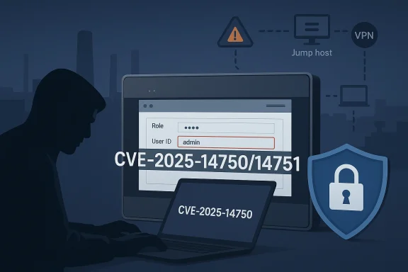 Hacker at a laptop exploiting CVE-2025-14750/14751 with a security shield graphic.