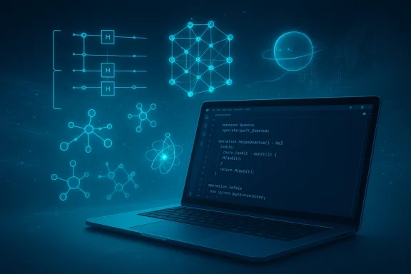 Laptop displaying code with neon quantum and molecular network graphics.