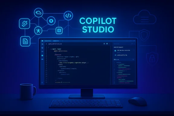 Neon-blue coding setup featuring Copilot Studio on a monitor. Neon-blue coding setup featuring Copilot Studio on a monitor.