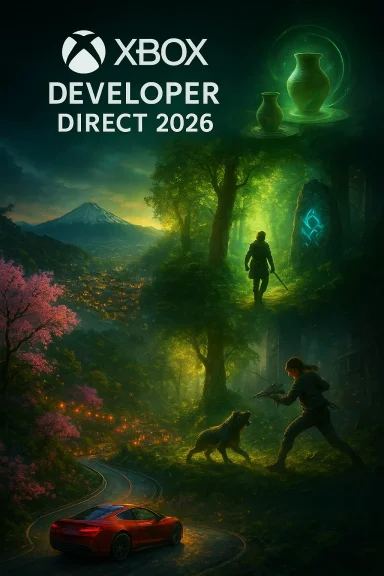 Xbox Developer Direct 2026 poster: fantasy forest scene with traveler, wolf, and a red car.