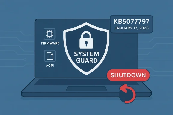 Laptop screen shows a System Guard shield with firmware and ACPI icons and a shutdown prompt.