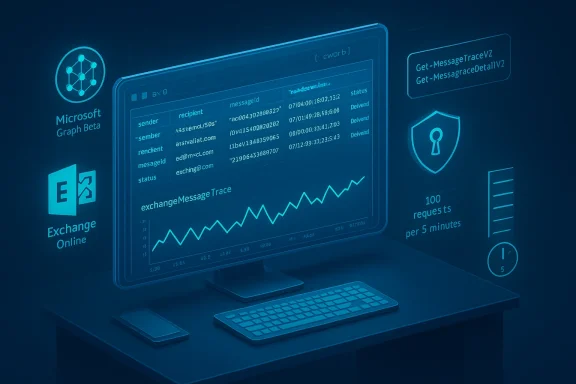 Blue-toned workstation displaying a monitor withth Microsoft Graph Beta and Exchange Online analytics.