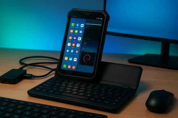 Rugged smartphone docked in a keyboard base on a desk with a monitor and mouse.