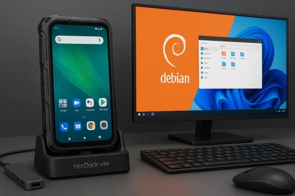Rugged smartphone docked in a nexDock vibe beside a Debian desktop monitor with keyboard and mouse.