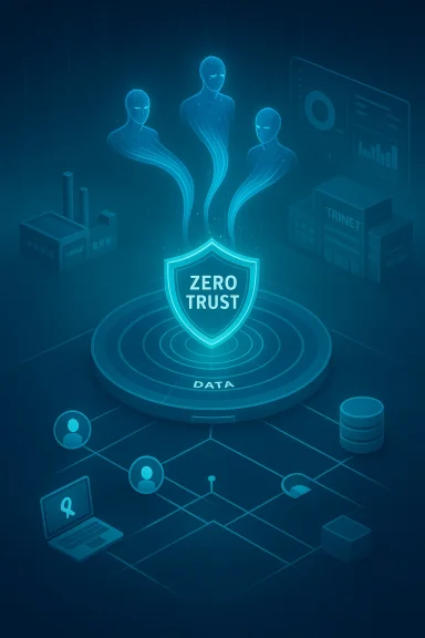 A futuristic zero-trust data security concept featuring a glowing shield and ethereal figures.