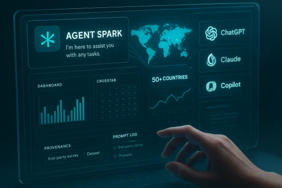 A hand interacts with a holographic dashboard labeled Agent Spark, featuring charts and a world map. A hand interacts with a holographic dashboard labeled Agent Spark, featuring charts and a world map.