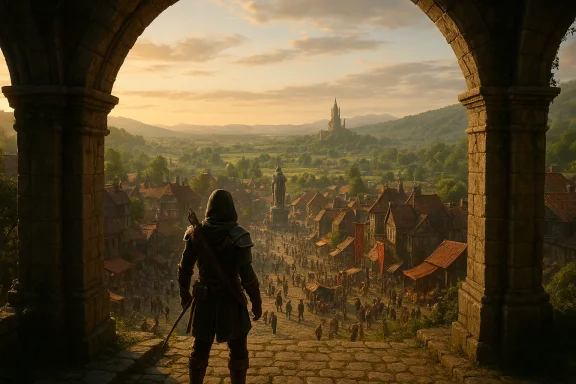 A hooded warrior stands on a stone arch, overlooking a busy medieval town at sunset.