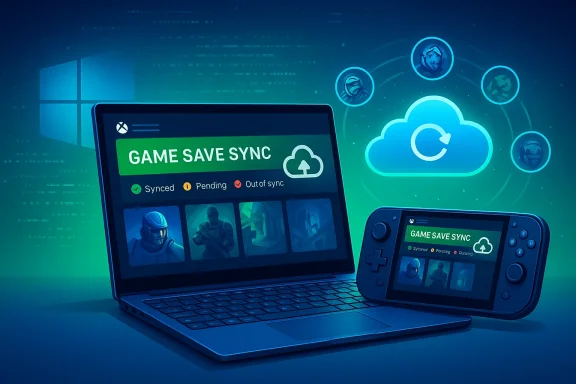 Laptop and handheld console sync game saves to the cloud.