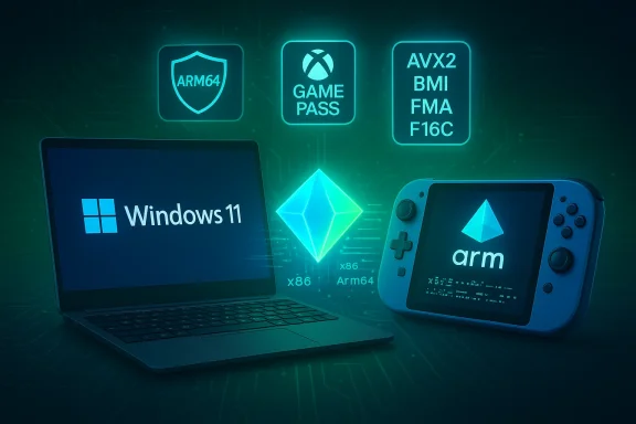 Windows 11 on a laptop alongside an ARM handheld, surrounded by ARM64 and Game Pass icons.