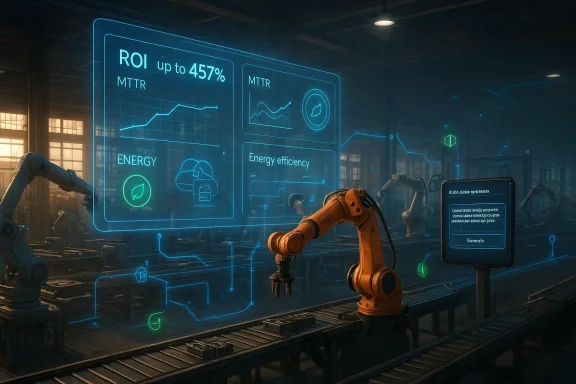 A futuristic factory floor with robotic arms and blue holographic dashboards displaying ROI and energy metrics.