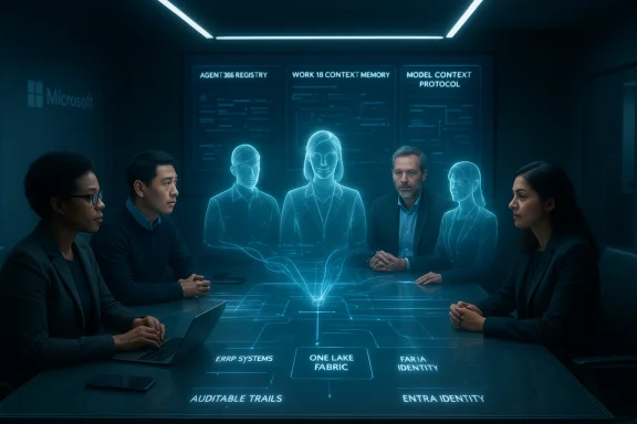 A Microsoft holographic boardroom with blue avatars and streaming data visuals.