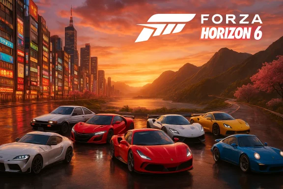 Sunset over a neon-lit city and mountains, with a lineup of colorful exotic cars for Forza Horizon 6.