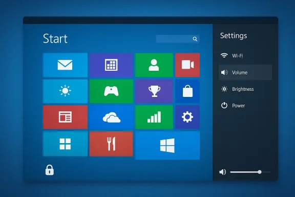 Windows-style Start screen with a grid of colorful tiles and a right-side Settings panel on blue background.