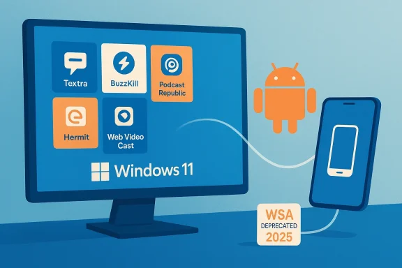 Windows 11 desktop showing Android apps via WSA, with a 2025 deprecation notice.