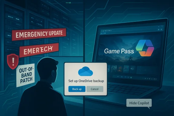 An IT admin in a data center faces emergency updates, patch alerts, and a OneDrive backup prompt.