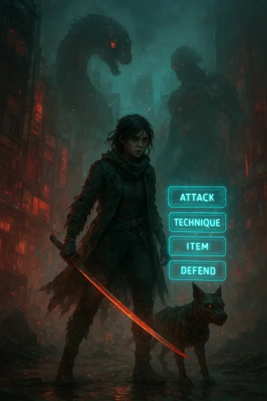 A battle-worn survivor with a glowing red sword and a dog confronts colossal monsters in a neon-lit ruined city.