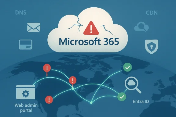 Microsoft 365 cloud with security alerts and global network connections.
