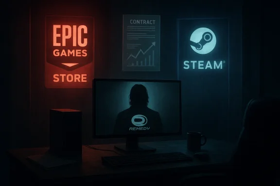 Dimly lit desk with a silhouetted figure on screen, flanked by Epic Games Store and Steam posters.