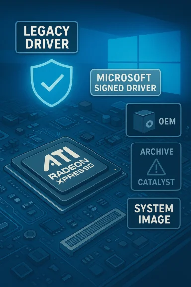 Blue-toned tech collage of a motherboard featuring ATI Radeon Xpress and driver-related icons.