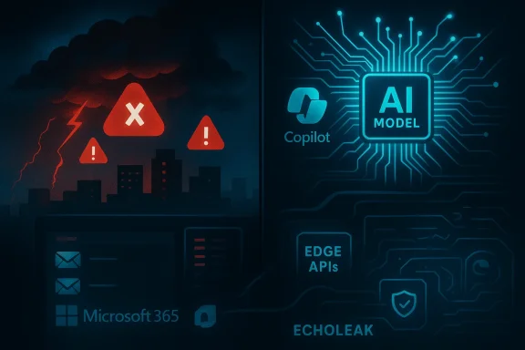 A split scene with red warning icons over a smoky city on the left and a glowing AI model circuit on the right.