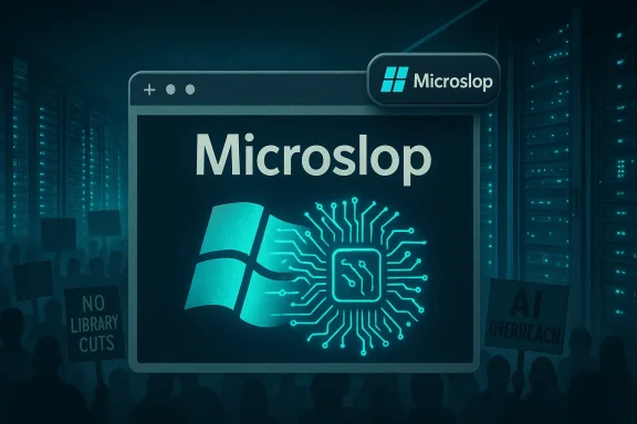 Tech protesters surround a Microslop banner displaying a Windows-like logo and AI circuitry.