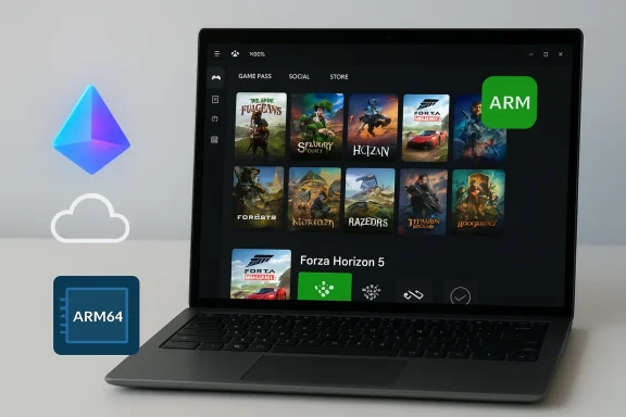 Laptop displays a game library UI with an ARM64 chip icon and ARM logo nearby. Laptop displays a game library UI with an ARM64 chip icon and ARM logo nearby.