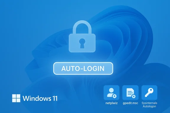 Windows 11 blue wallpaper featuring an Auto-Login button and a lock icon.