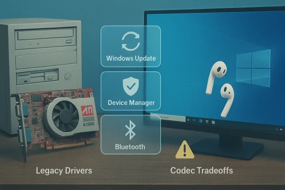 Illustration of Windows drivers: legacy drivers vs. modern tools like Device Manager and Bluetooth.
