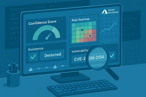 Azure Data Explorer UI shows confidence score, risk heatmap, and CVE-2026-2154 vulnerability with a magnifying glass.