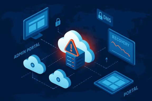 Isometric cloud security diagram with a central server warning and linked admin portal, DNS, and recovery.