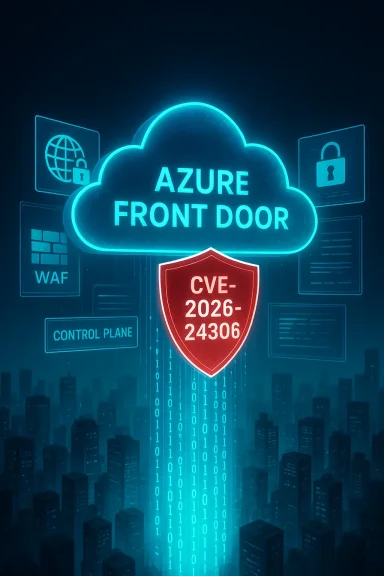 A neon Azure Front Door cloud with a CVE-2026-24306 shield above a digital city.